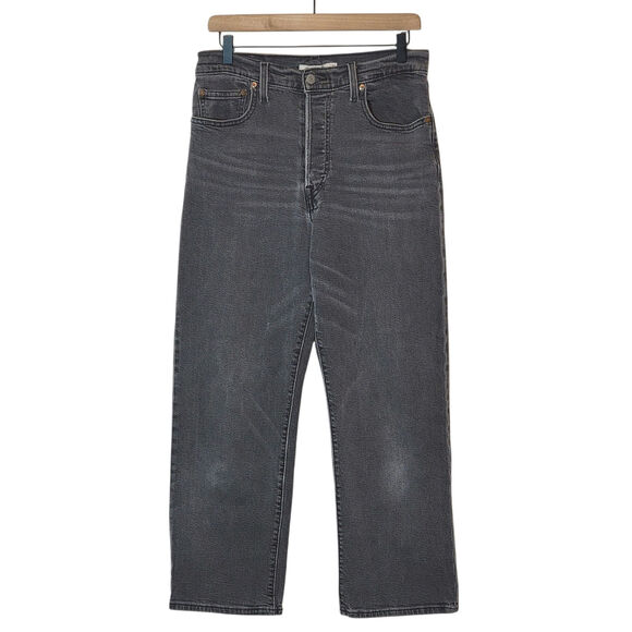 Levi's Ribcage Straight Leg Cropped Denim Jean Button Fly Ankle Gray Black 30 - Picture 16 of 16